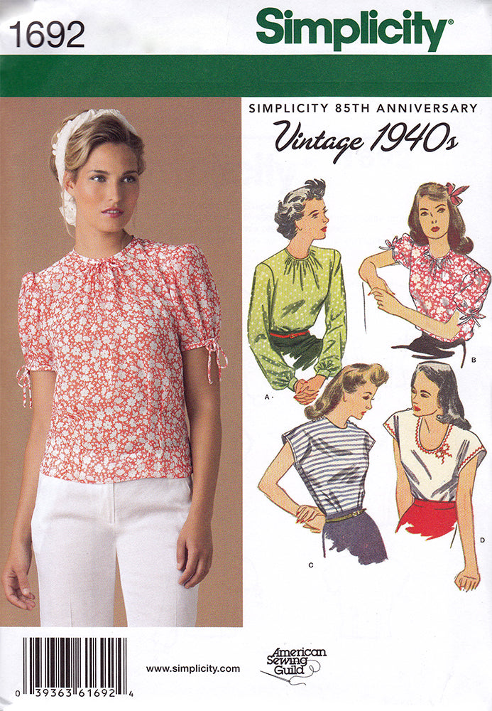 Simplicity 1692. 1940s Vintage Reproduction Pattern. Women's Blouse Sewing Pattern.