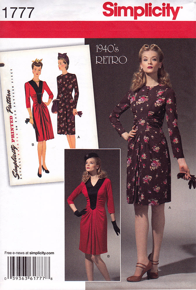 Simplicity 1777: 1940s Repro Vintage Sewing Pattern: Ruched Dress.