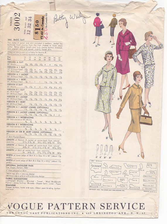 1950s Vintage Sewing Pattern: Misses Jackets and Skirts. Vogue 3002