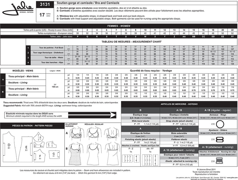 Jalie 3131: Camisole and Bra Sewing Pattern