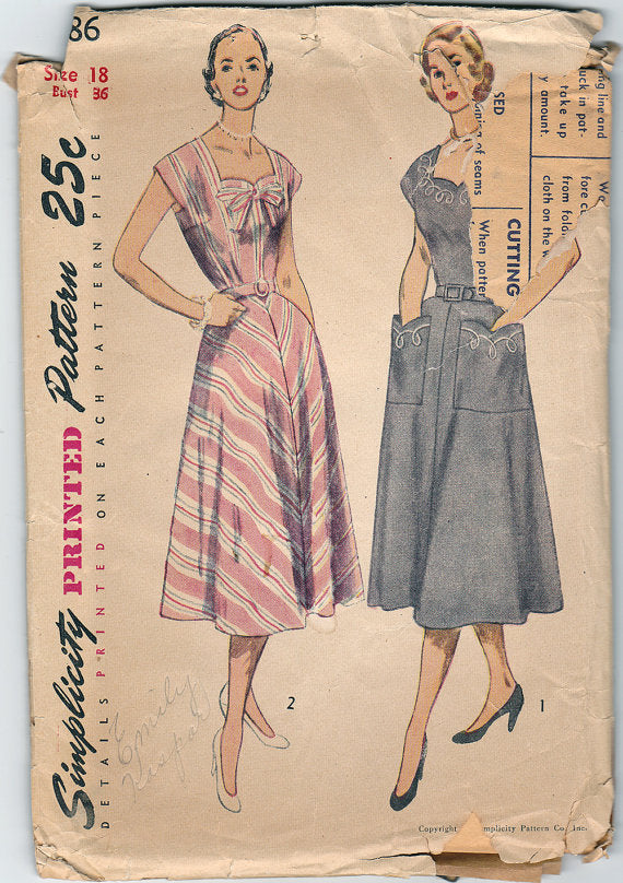 Simplicity 3586 - 1950s Dress Vintage Sewing Pattern  - 36" Bust