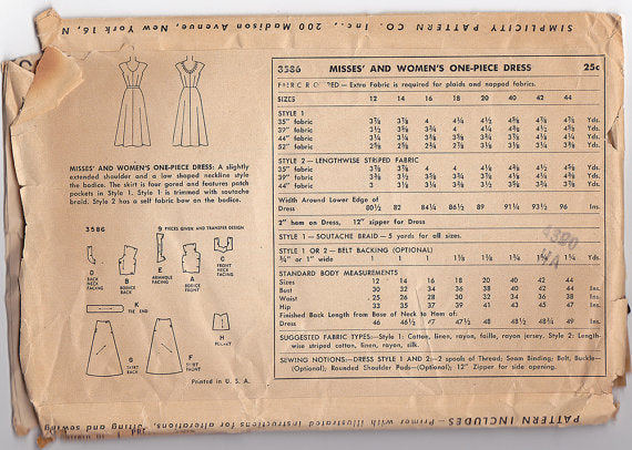Simplicity 3586 - 1950s Dress Vintage Sewing Pattern  - 36" Bust