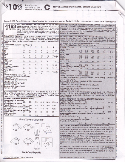 McCalls 4193 Sewing Pattern - Girls Flares and Peasant Tops