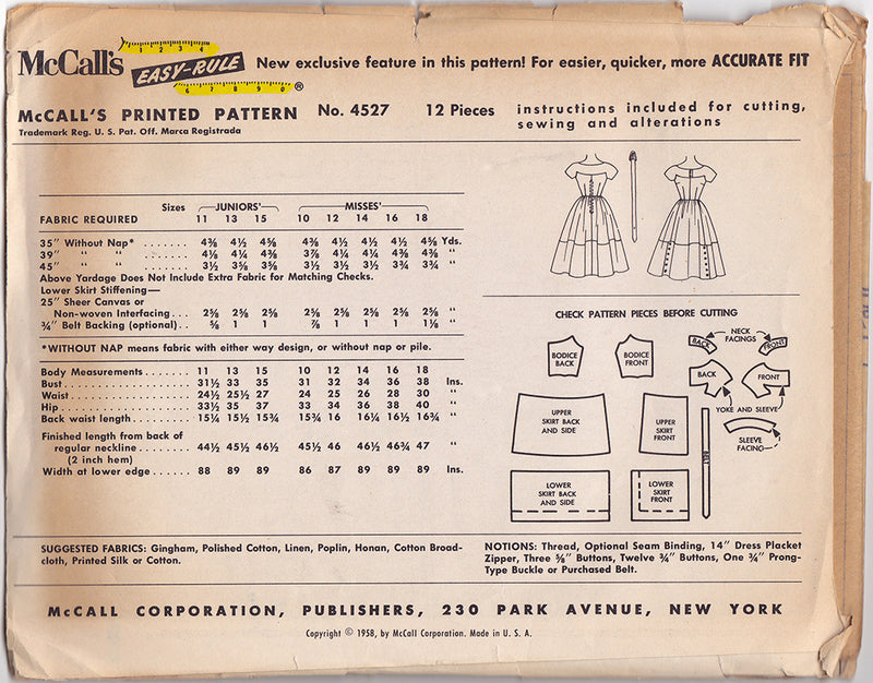 1950s Vintage Sewing Pattern: McCalls 4527 Misses Dress