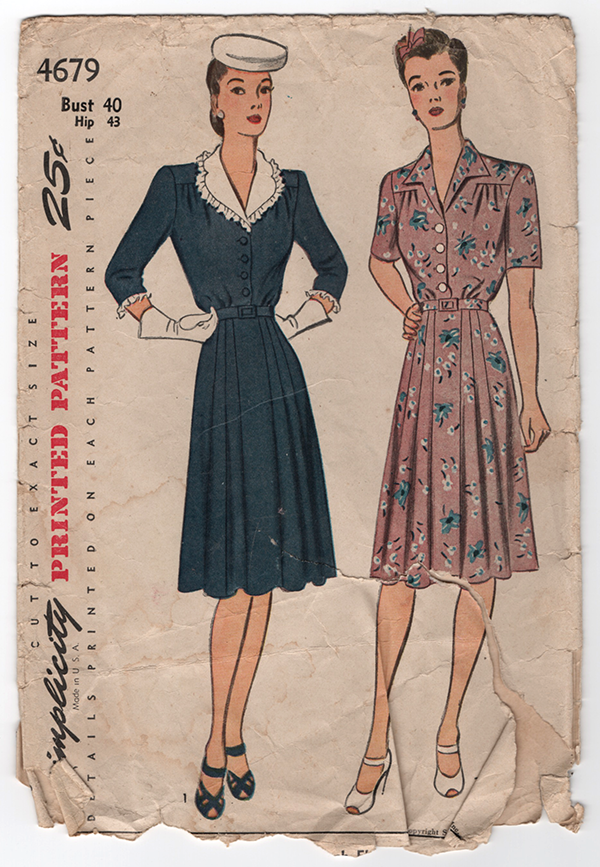 Simplicity 4679 - 1940s Vintage Pattern - 40" Bust Dress Pattern
