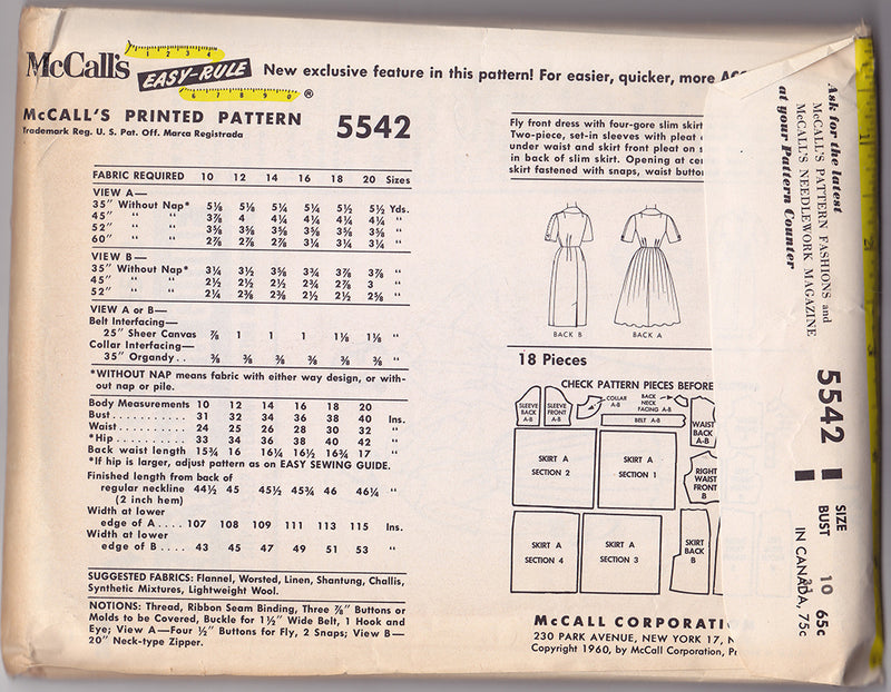 1960s Vintage Sewing Pattern: McCalls 5542 Misses Dress