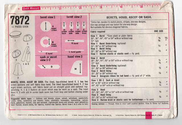 Simplicity 7872 Sewing Pattern - Womens Hats Vintage Pattern - 1960s Hat Pattern