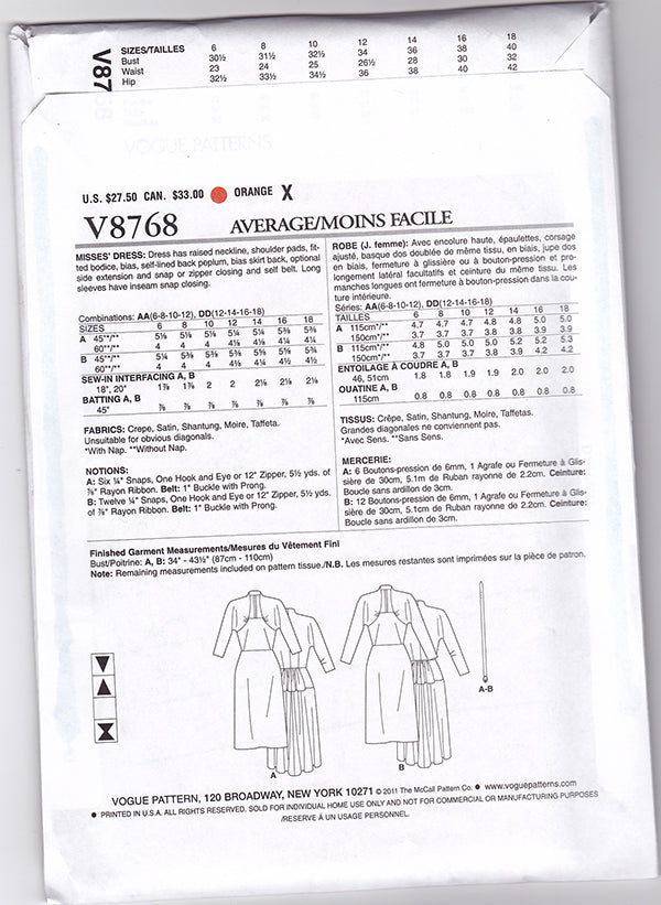Vogue 8768 1950s Vintage Vogue Sewing Pattern: Peplum Dress. Vogue V8768