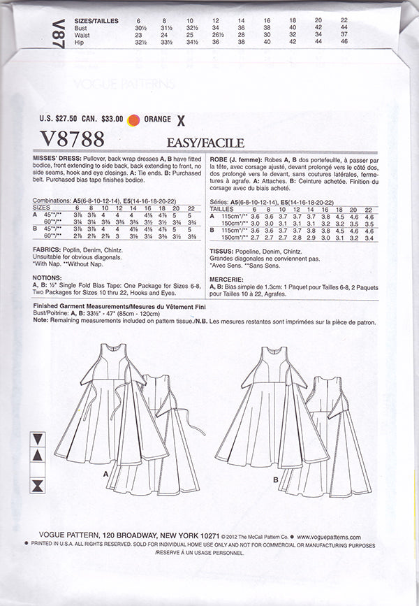 V8788 1950s Vintage Vogue Sewing Pattern: Back Wrap Dress Pattern. Vogue 8788