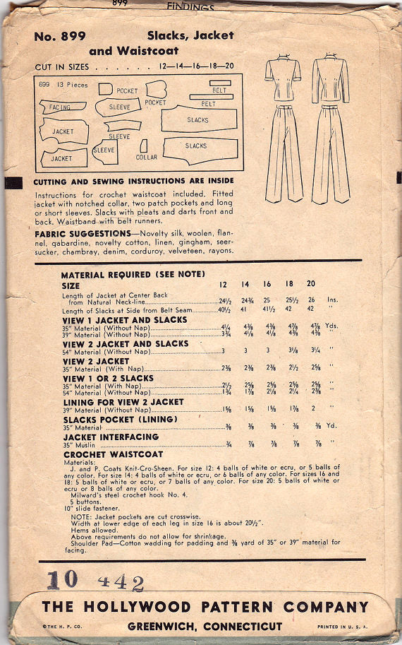 Hollywood 899 - 1940s Vintage Sewing Pattern: Pants, Jacket & Crocheted Vest