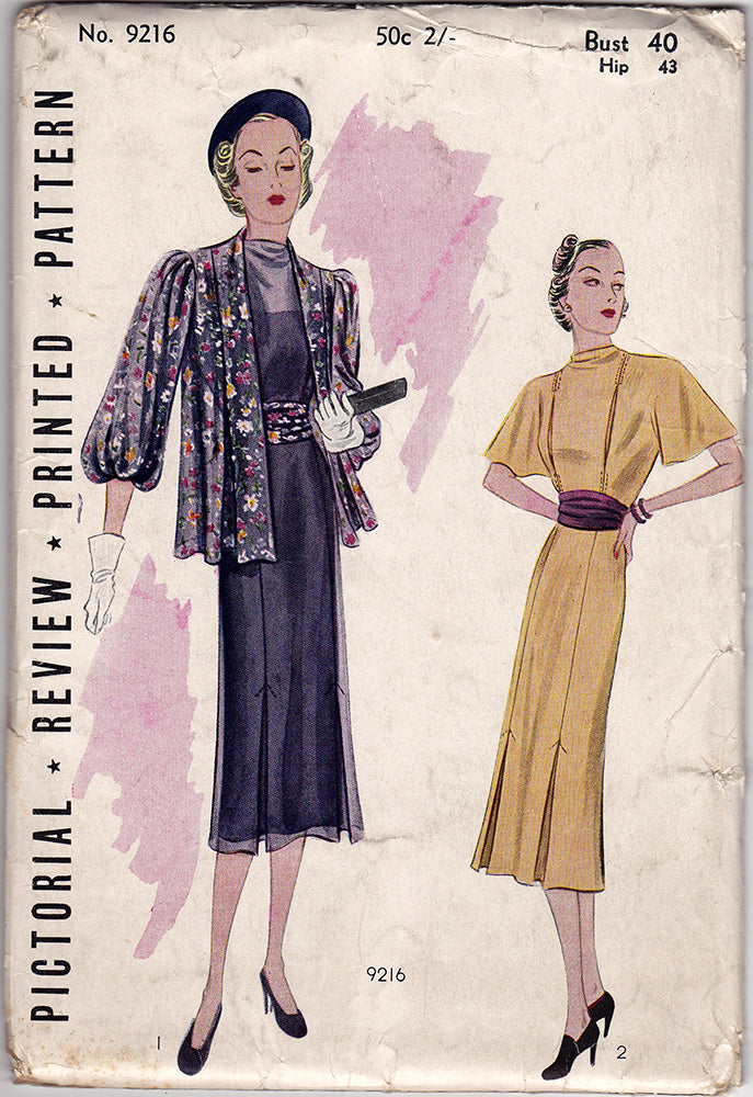 Pictorial Review 9216. 1930s Vintage Sewing Pattern. 40 Inch Bust