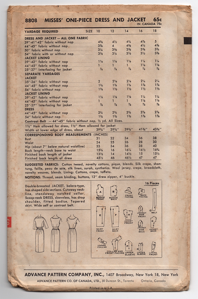 1950s Dress Vintage Sewing Pattern - Advance 8808