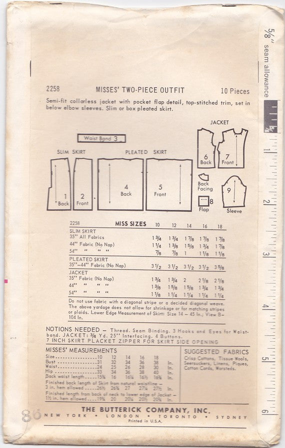 1960s Skirt Suit Vintage Pattern - Butterick 2258