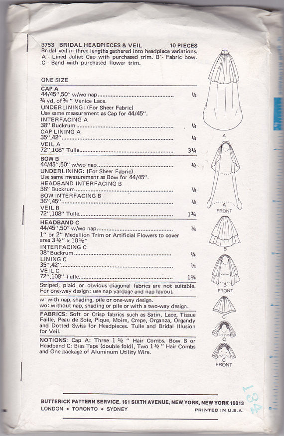 1970s Bridal Veils Vintage Sewing Pattern - Butterick 3753