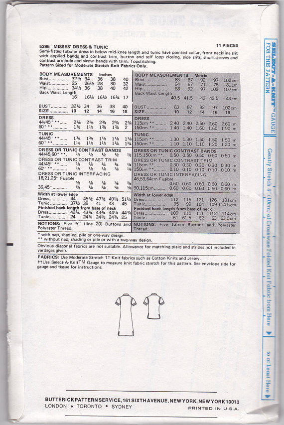 1970s Tubular Dress Sewing Pattern - Butterick 5295