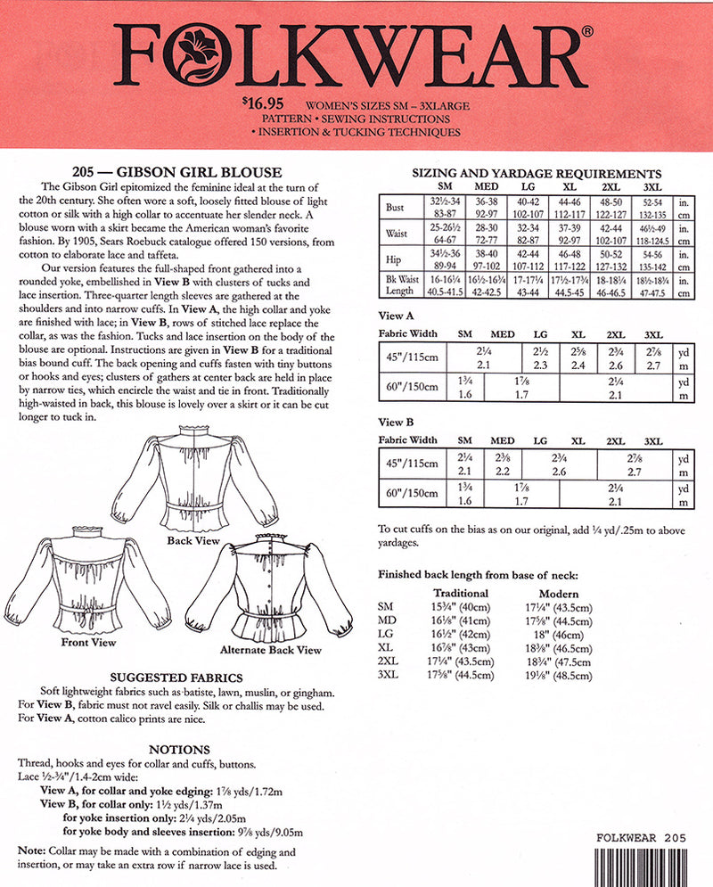 Gibson Girl Blouse Sewing Pattern Folkwear 205