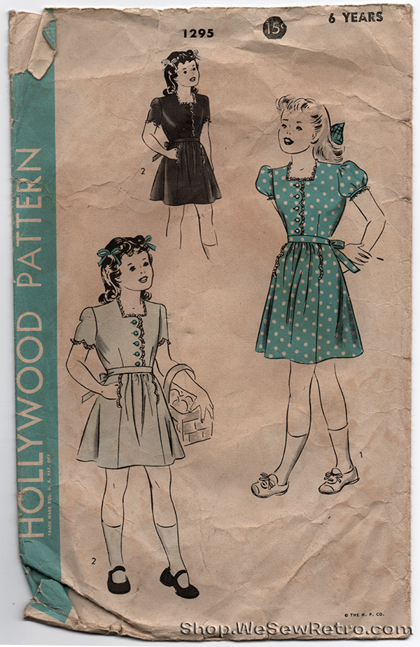 Hollywood Patterns 1295 - 1940s Vintage Pattern Girls Dress - 6 Years Old Dress Sewing Pattern