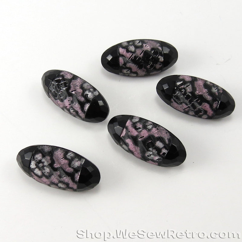 Set of 5 Antique Black Glass Buttons with Pink Accents