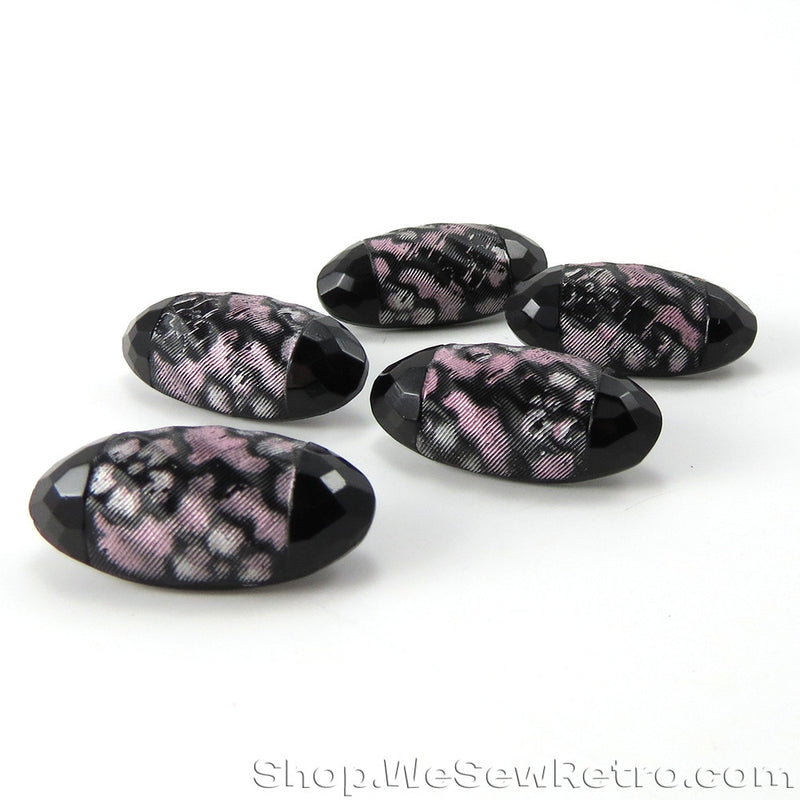 Set of 5 Antique Black Glass Buttons with Pink Accents