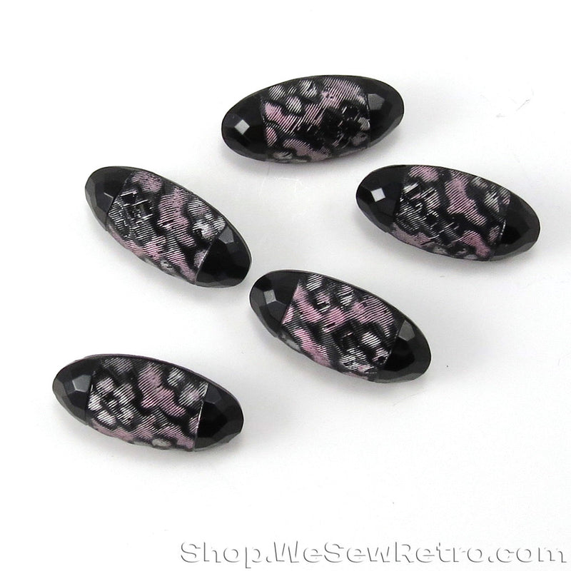 Set of 5 Antique Black Glass Buttons with Pink Accents