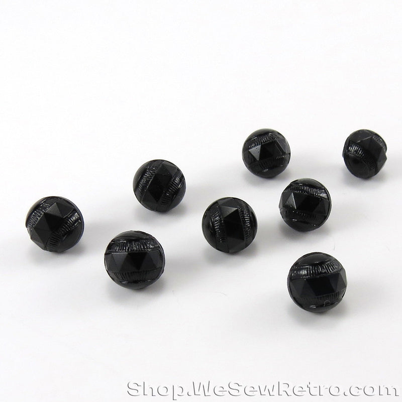 Set of 8 Black Glass Antique Buttons with Triangle Design