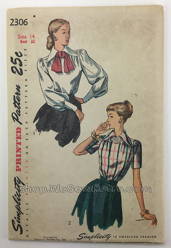 Simplicity 2306 1940s Blouse Sewing Pattern