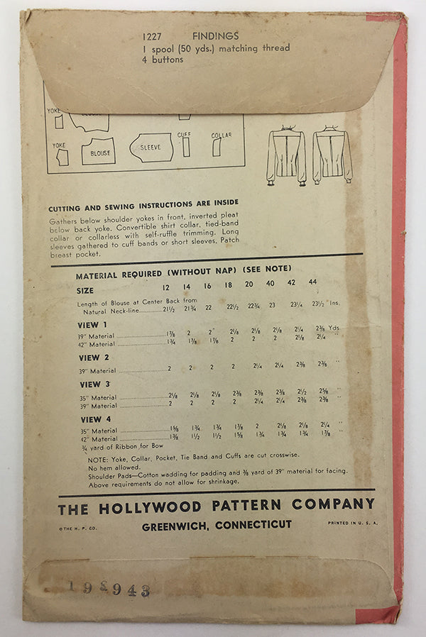 Hollywood 1227 1940s Blouse Sewing Pattern  - 42 Bust