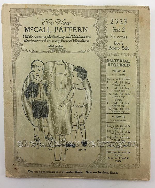 McCall 2323 1920s Vintage Little Boy's Bolero Suit Sewing Pattern