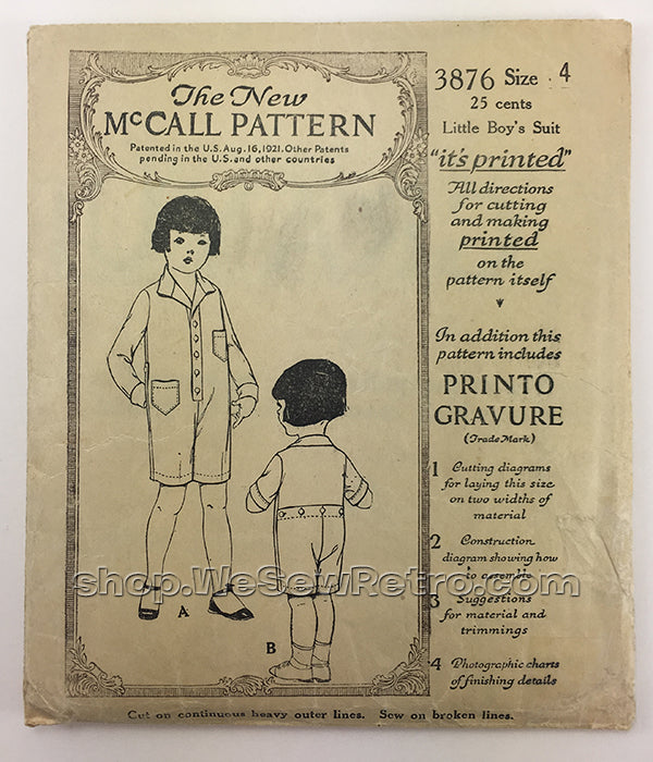 McCall 3876 1920s Vintage Little Boy's Suit Sewing Pattern