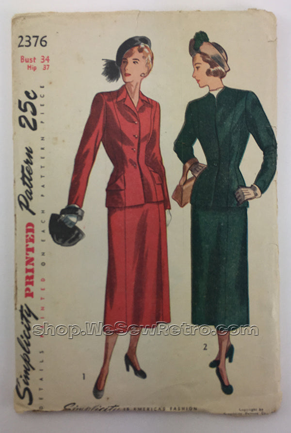 Simplicity 2376 1940s Two Piece Suit Sewing Pattern