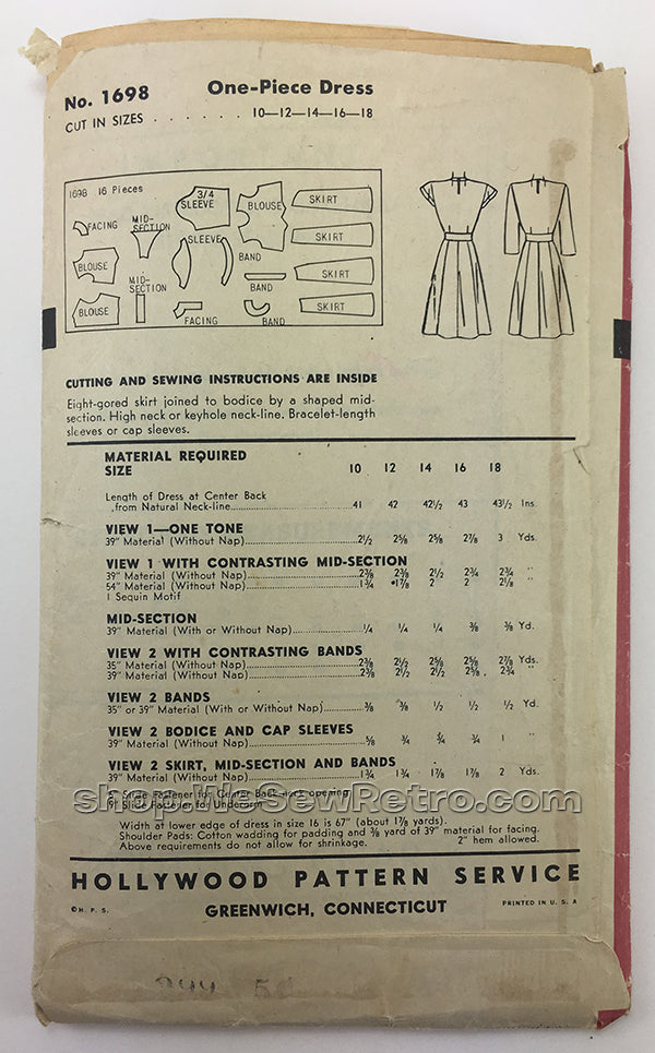 Hollywood 1698 1940s Vintage Dress Sewing Pattern – WeSewRetro