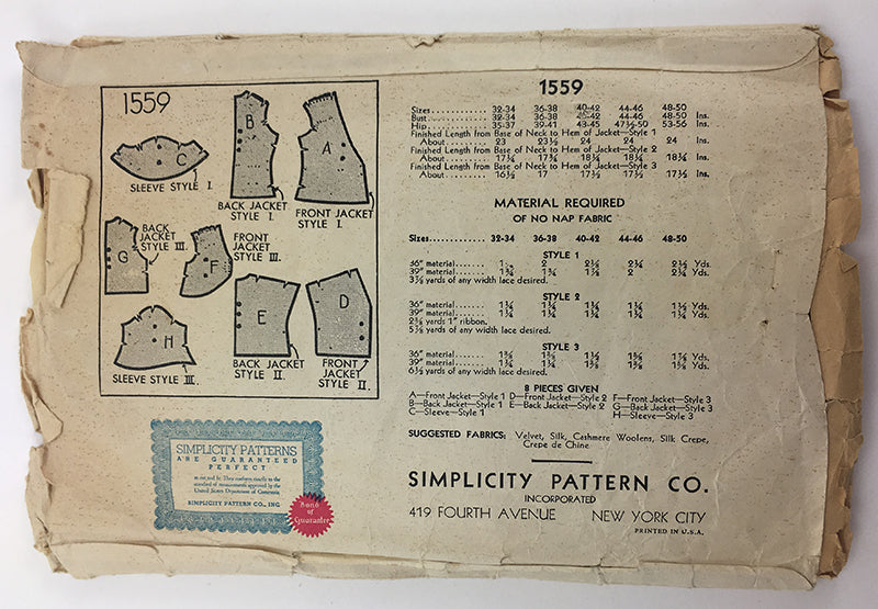 Simplicity 1559 1930s Bedjacket Vintage Sewing Pattern