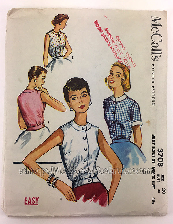 McCalls 3708 1950s Misses Blouse Vintage Sewing Pattern