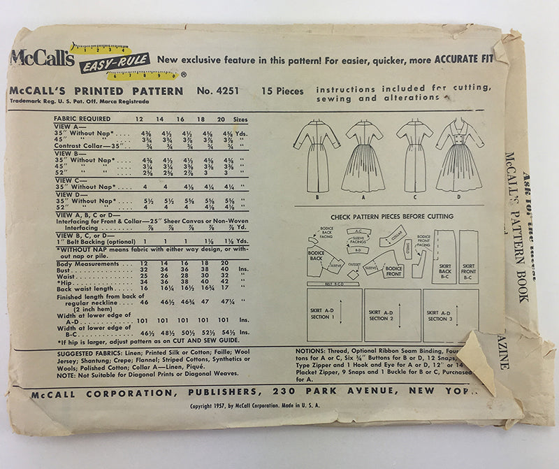 McCalls 4251 1950s Double Breasted Dress Vintage Sewing Pattern