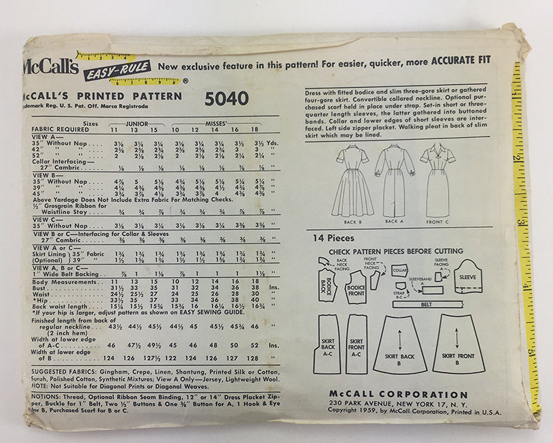 McCalls 5040 1950s Dress Vintage Sewing Pattern