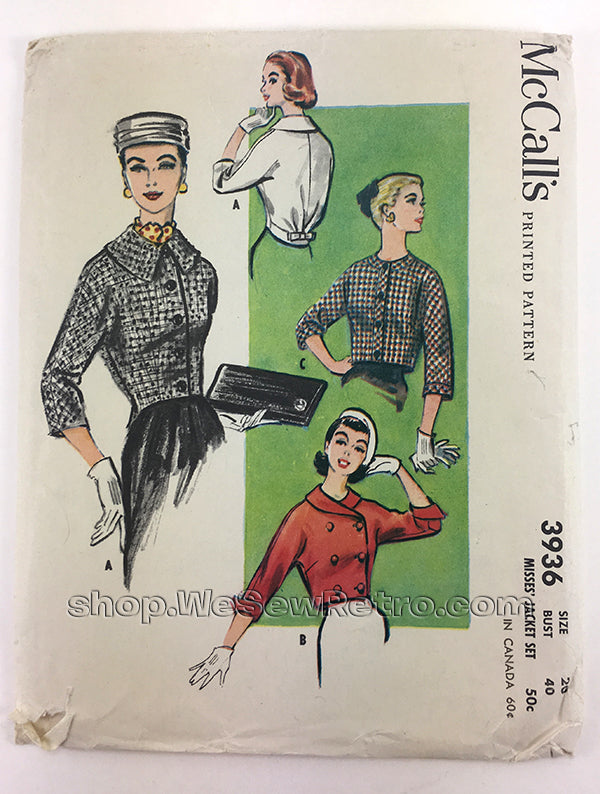 McCalls 3936 1950s Jackets Vintage Sewing Pattern - 40" Bust