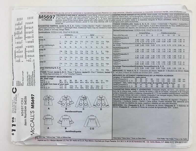 McCalls 5697 Girls Jacket Sewing Pattern