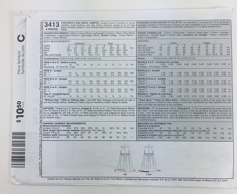 McCalls 3413 Girls Jumper Sewing Pattern