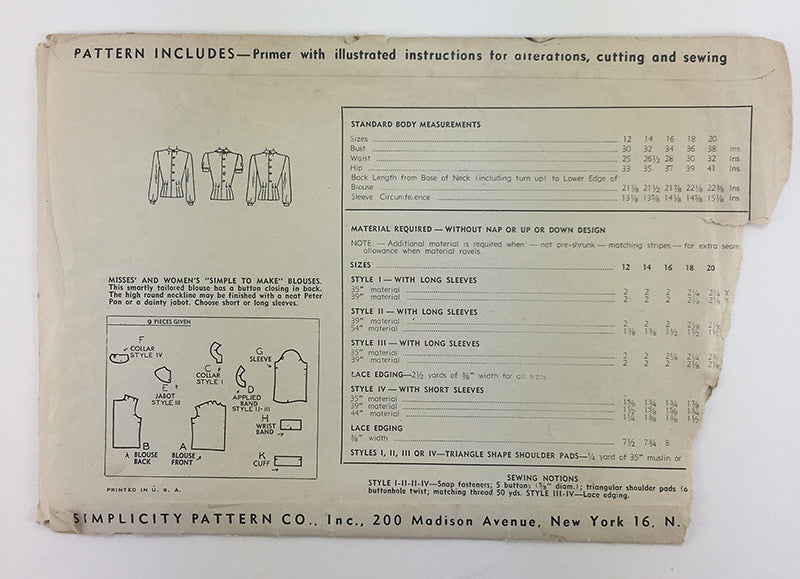 Simplicity 2340 1940s Blouse Vintage Sewing Pattern