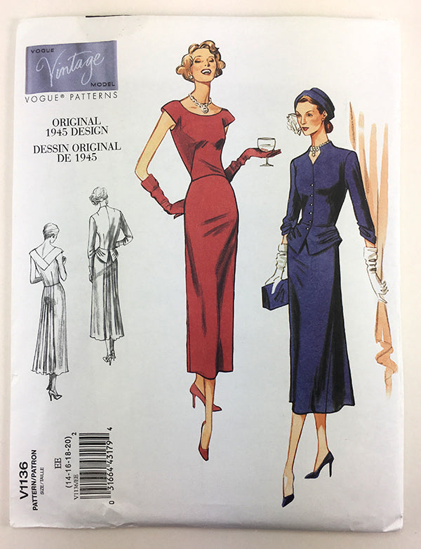 Vogue 1136 1940s Vintage Dress - Vintage Vogue Sewing Pattern V1136