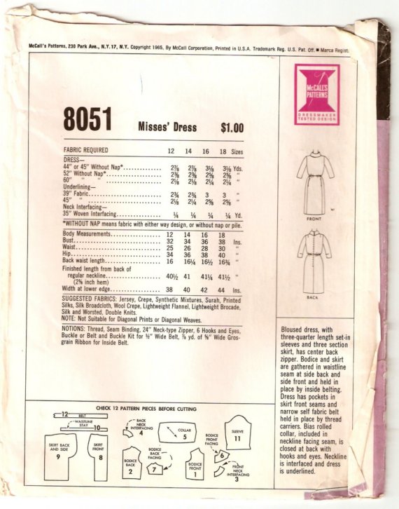 1960s Vintage Pattern. Bill Blass Designer Dress Sewing Pattern. McCall's 8051.