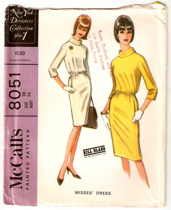 1960s Vintage Pattern. Bill Blass Designer Dress Sewing Pattern. McCall's 8051.