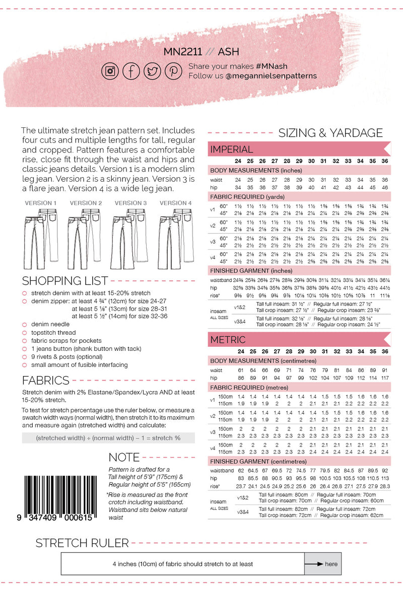 Megan Nielsen Ash Stretch Jeans Sewing Pattern - Paper Pattern