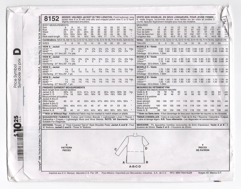 McCall's 8152 Misses Unlined Jacket Sewing Pattern Out of Print