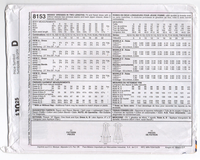 McCall's 8153 Misses Fit and Flare Dress 1990s Sewing Pattern Out of Print