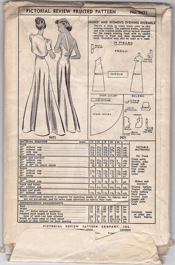 Pictorial Review 9471 - 1930s Dress Vintage Sewing Pattern - 40" Bust