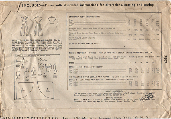 Simplicity 2397 - 1940s Vintage Sundress and Bolero Sewing Pattern