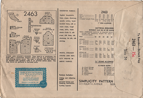 Simplicity 2463 - 1930s Blouse Vintage Sewing Pattern