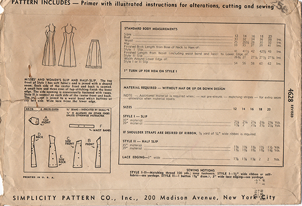 Simplicity 4628 - 1940s Vintage Lingerie Sewing Pattern