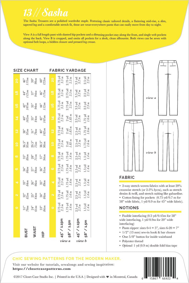 Closet Case Sasha Trousers Sewing Pattern - Paper